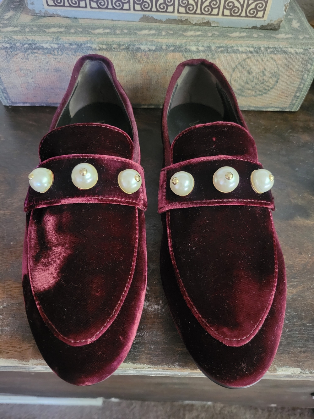 Via Roma 15 Burgundy Velvet Loafers with Pearl Buttons